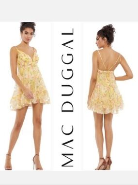 Mac Duggal Ieena Yellow Floral Empire Waist Ruffled Mini Dress Sz 4